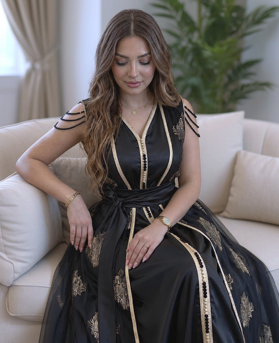 Two-piece black satin caftan with gold embroidered Tlija