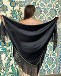 ✨ Black Satin Shawl with Fringe Trim ✨