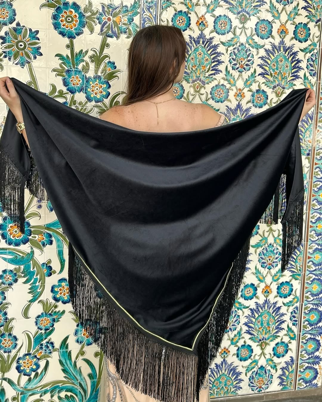 ✨ Black Satin Shawl with Fringe Trim ✨