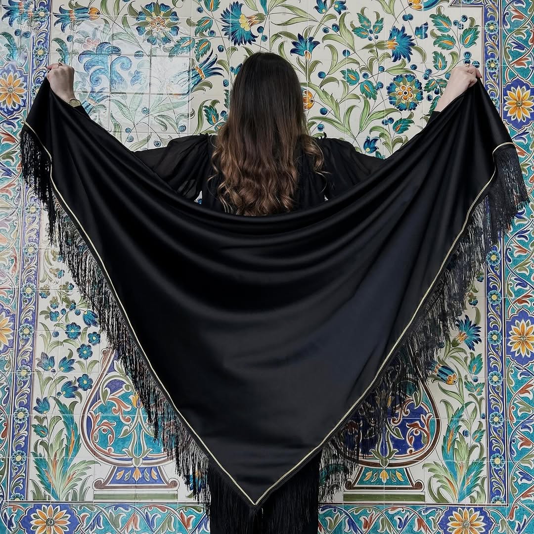✨ Black Satin Shawl with Fringe Trim ✨