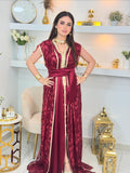 ✨ Garnet two-piece satin caftan with embroidered gold Tlija ✨