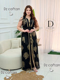 Two-piece black satin caftan with gold embroidered Tlija