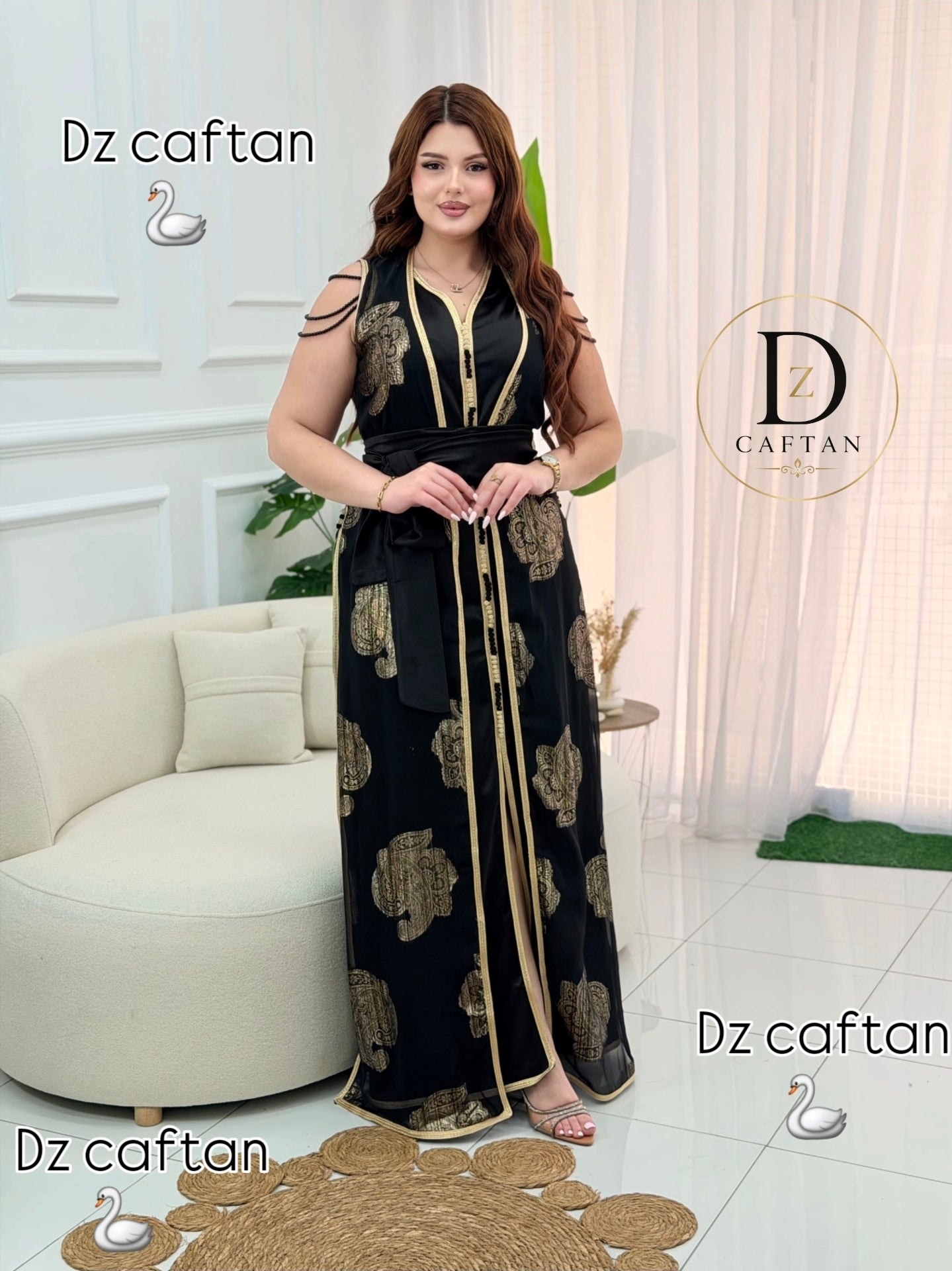 Two-piece black satin caftan with gold embroidered Tlija