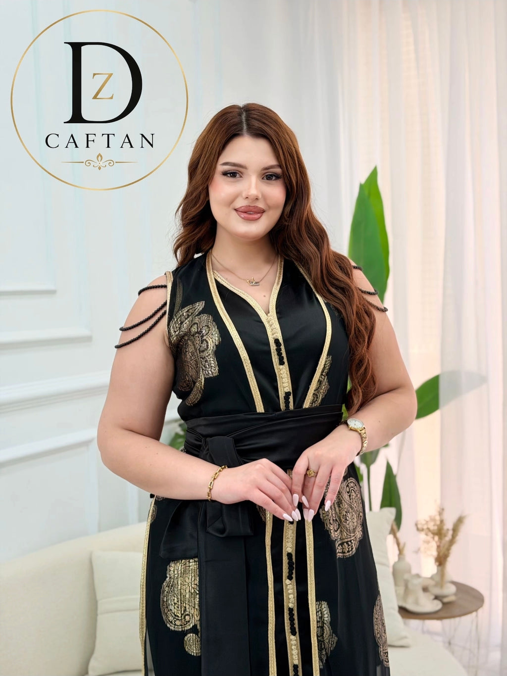 Two-piece black satin caftan with gold embroidered Tlija