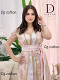 ✨ Two-piece pink satin caftan with embroidered gold Tlija ✨