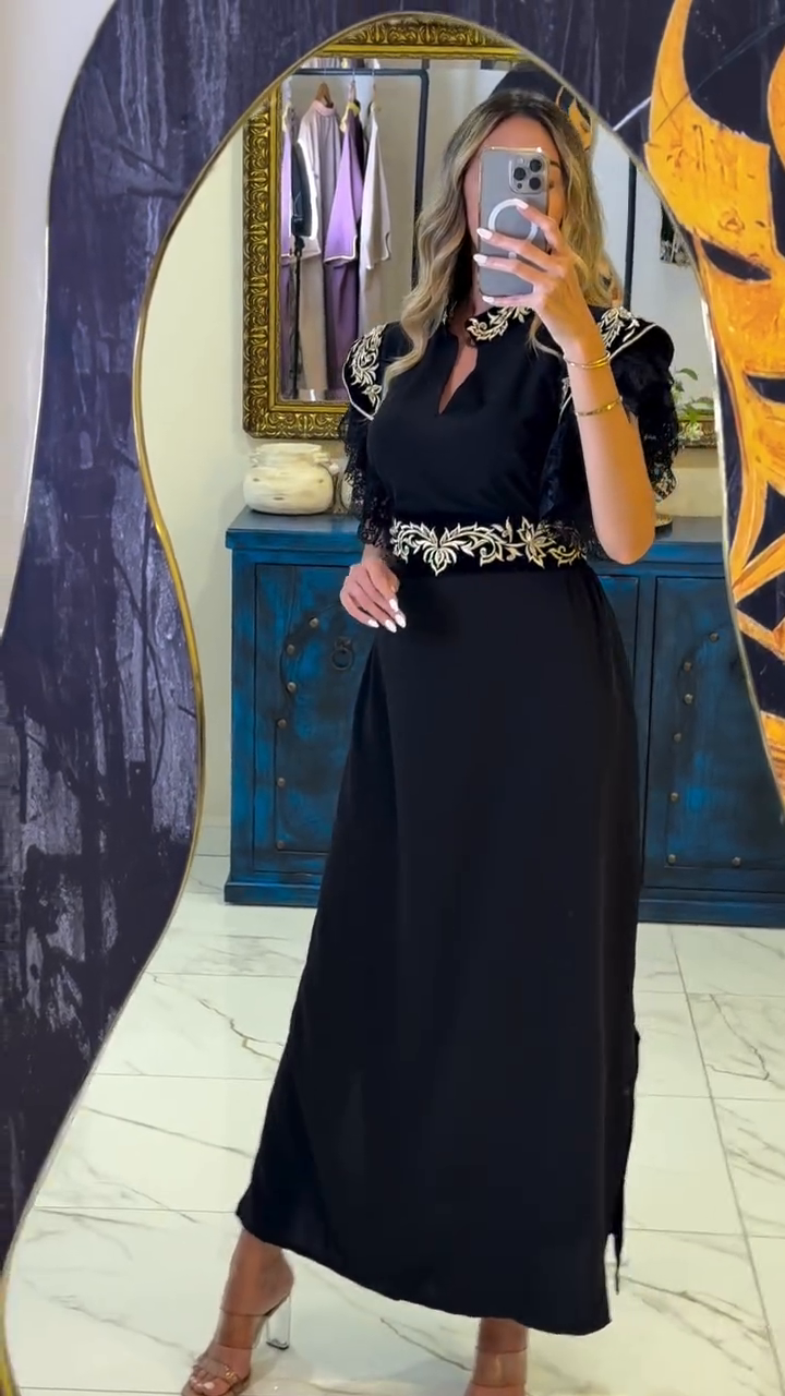 Prestige Black Kaftan – Lace, Velvet & Gold Embroidery