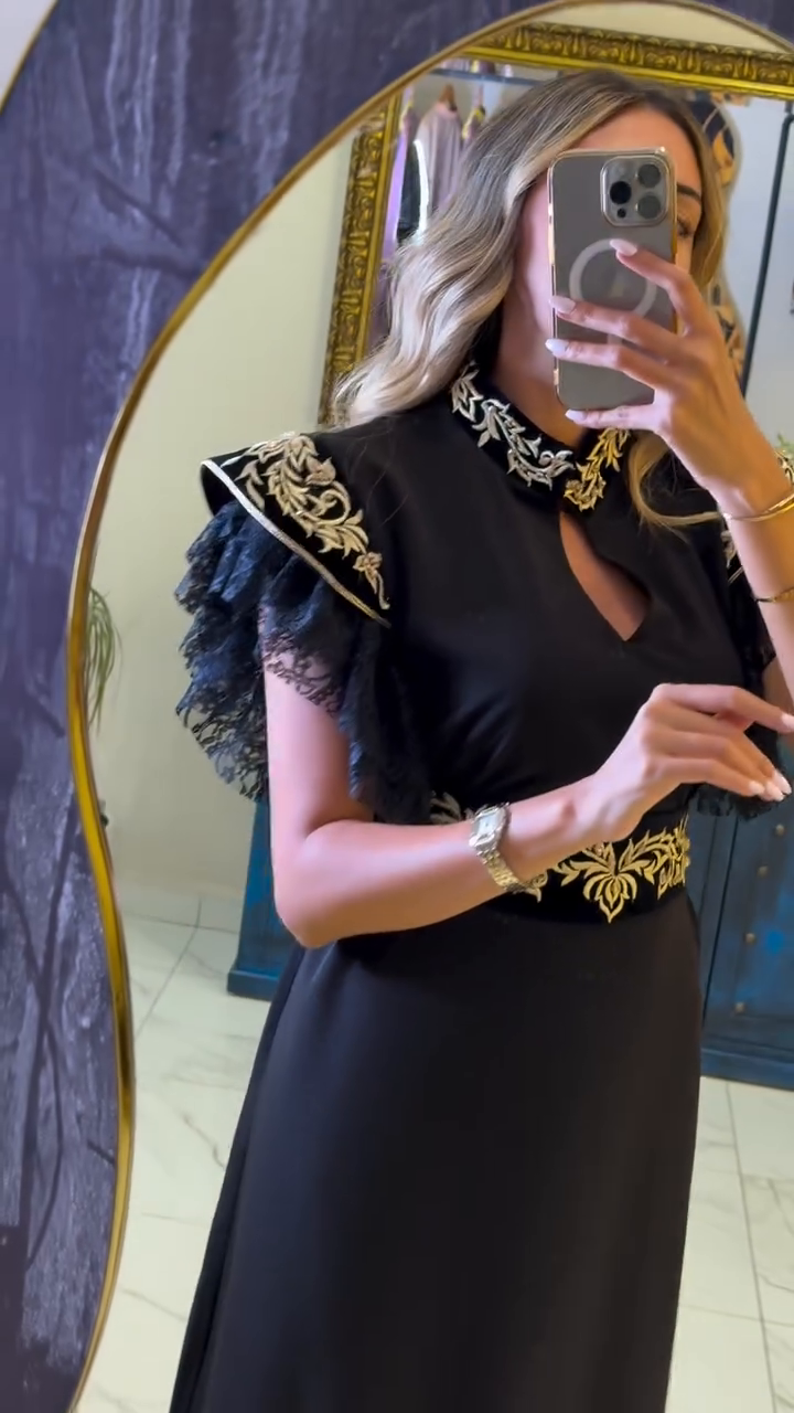Prestige Black Kaftan – Lace, Velvet & Gold Embroidery