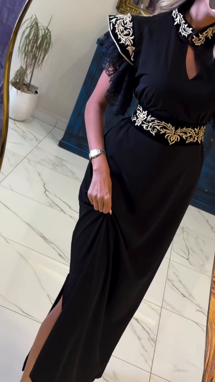Prestige Black Kaftan – Lace, Velvet & Gold Embroidery